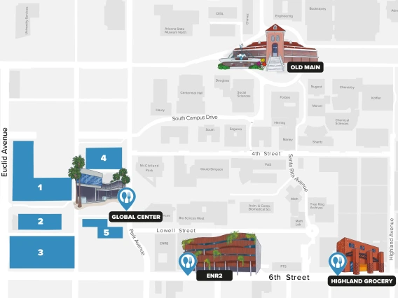 Overhead map of the global district highlighting the dorms and dining locations