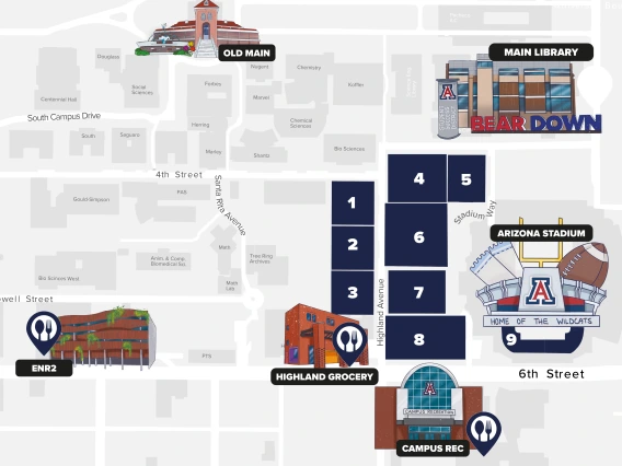 Overhead map of the highland district highlighting the dorms and dining locations