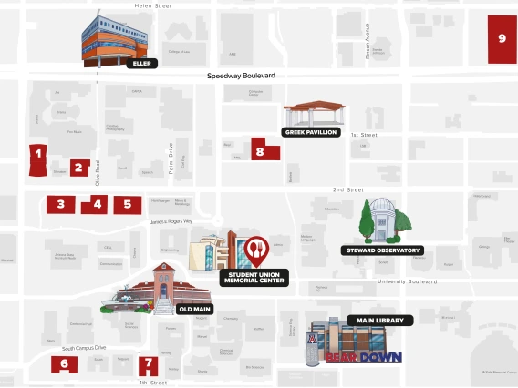Overhead map of the historic district highlighting the dorms and dining locations