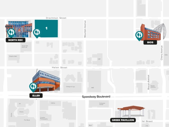 Overhead map of the north district highlighting the dorms and dining locations