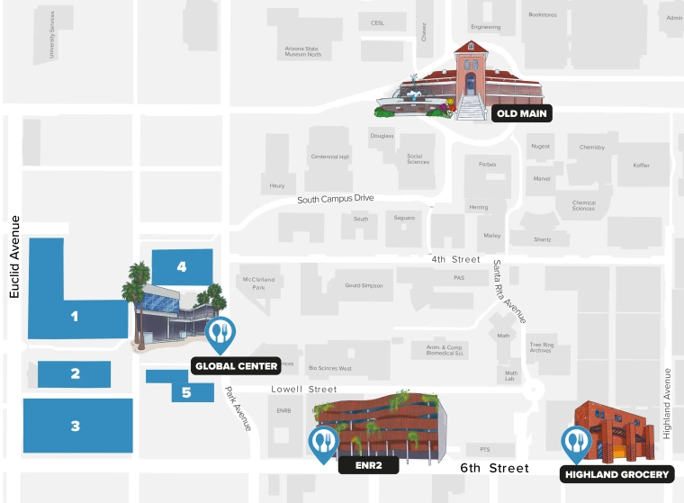 Overhead map of the global district highlighting the dorms and dining locations
