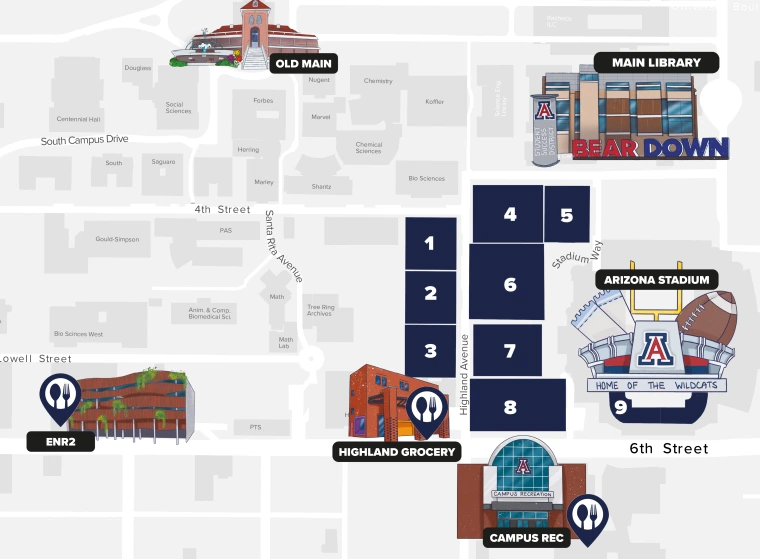 Overhead map of the highland district highlighting the dorms and dining locations